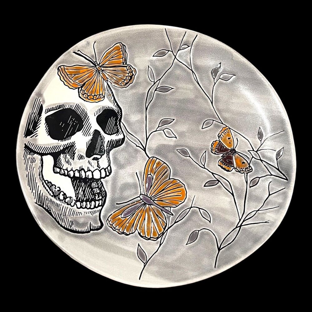 Spectrum Designz Gothic Handmade Skull & Butterflies 11" Ceramic Plates (2)
